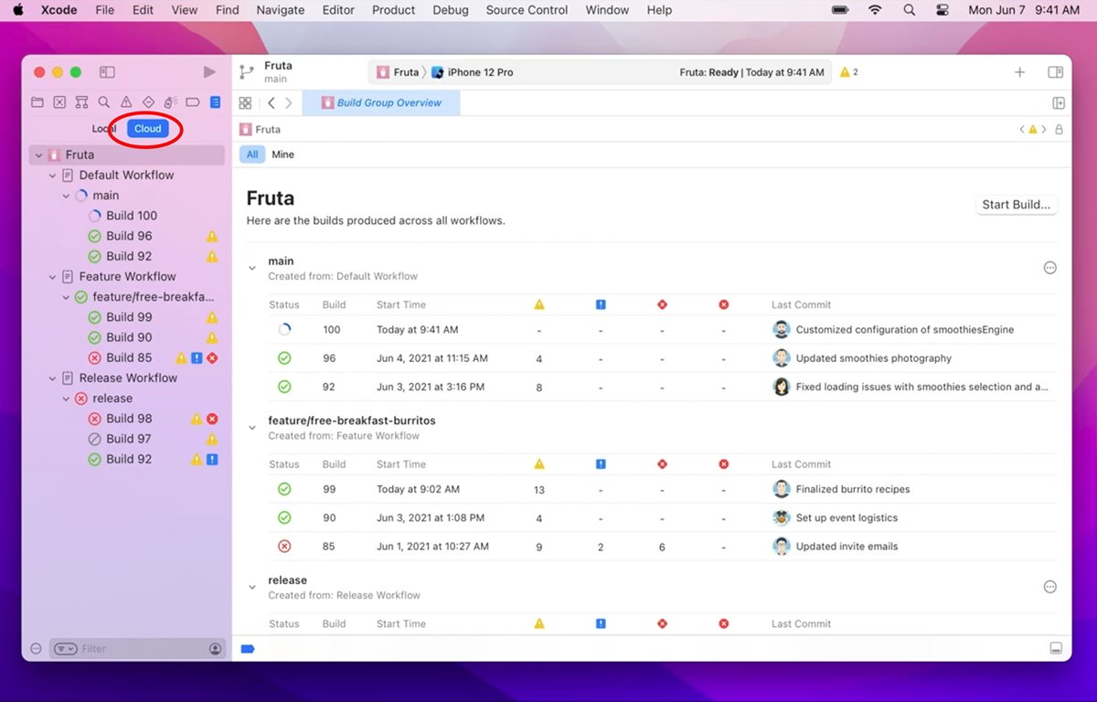 Панель обзора Xcode Cloud в Xcode.