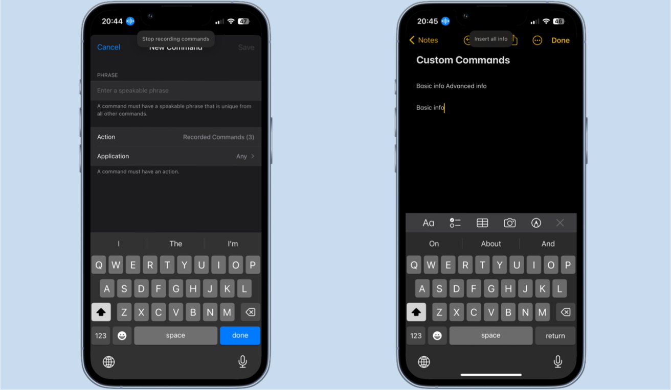Экран настроек специальных возможностей iPhone и экран приложения Notes