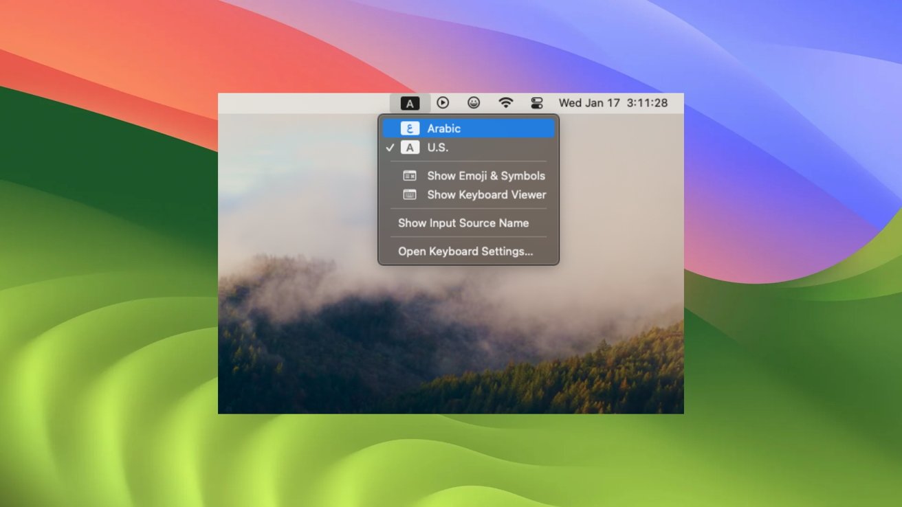 Переключатель входов macOS обрезан на фоне Сономы