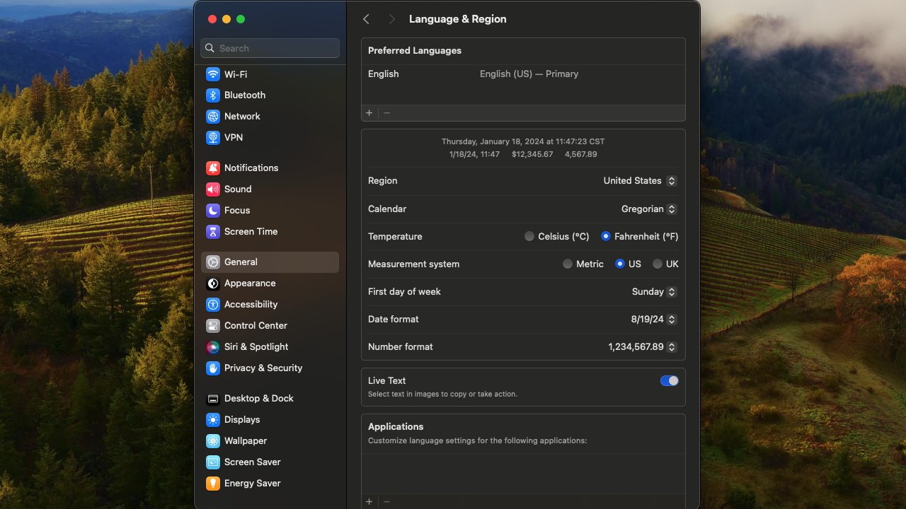 Меню настроек языка и региона на фоне macOS Sonoma