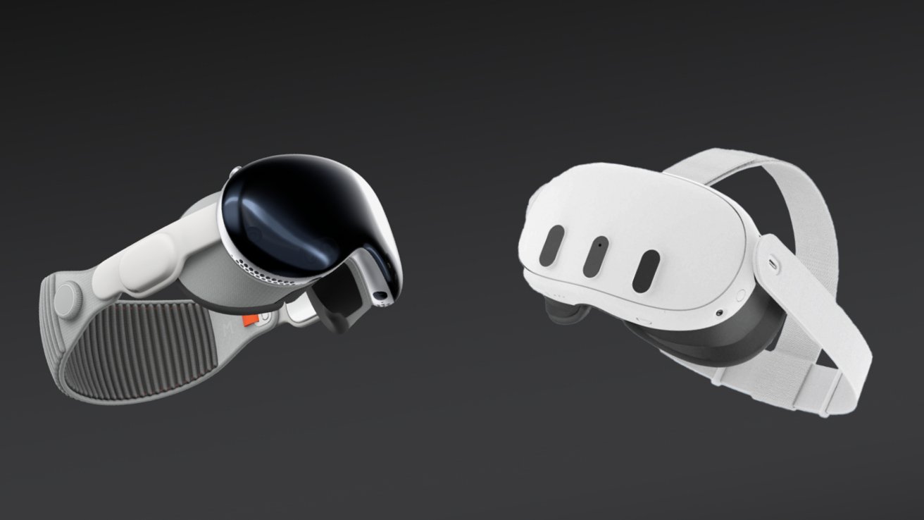 Apple Vision Pro слева и Meta Quest 3 справа на сером фоне