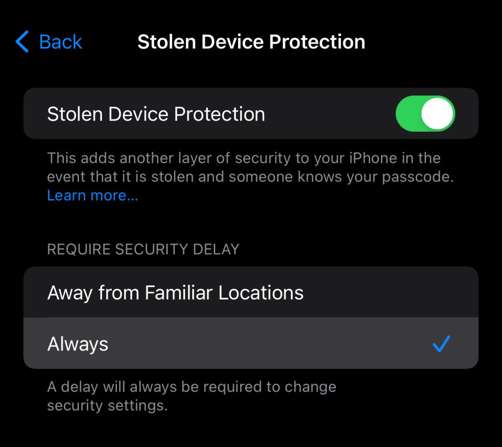 Страница настроек защиты украденных устройств в iOS 17.4
