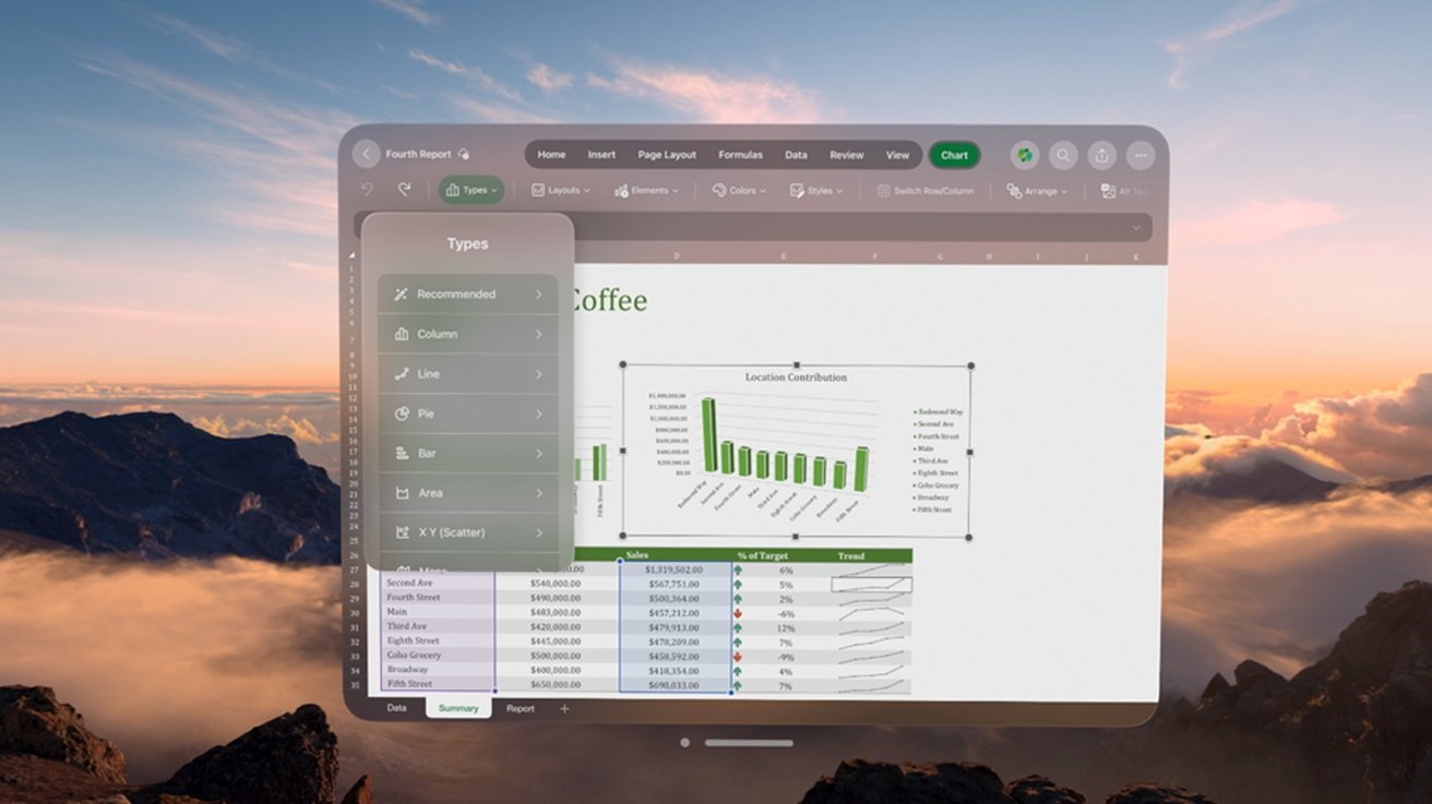 Excel на Apple Vision Pro 