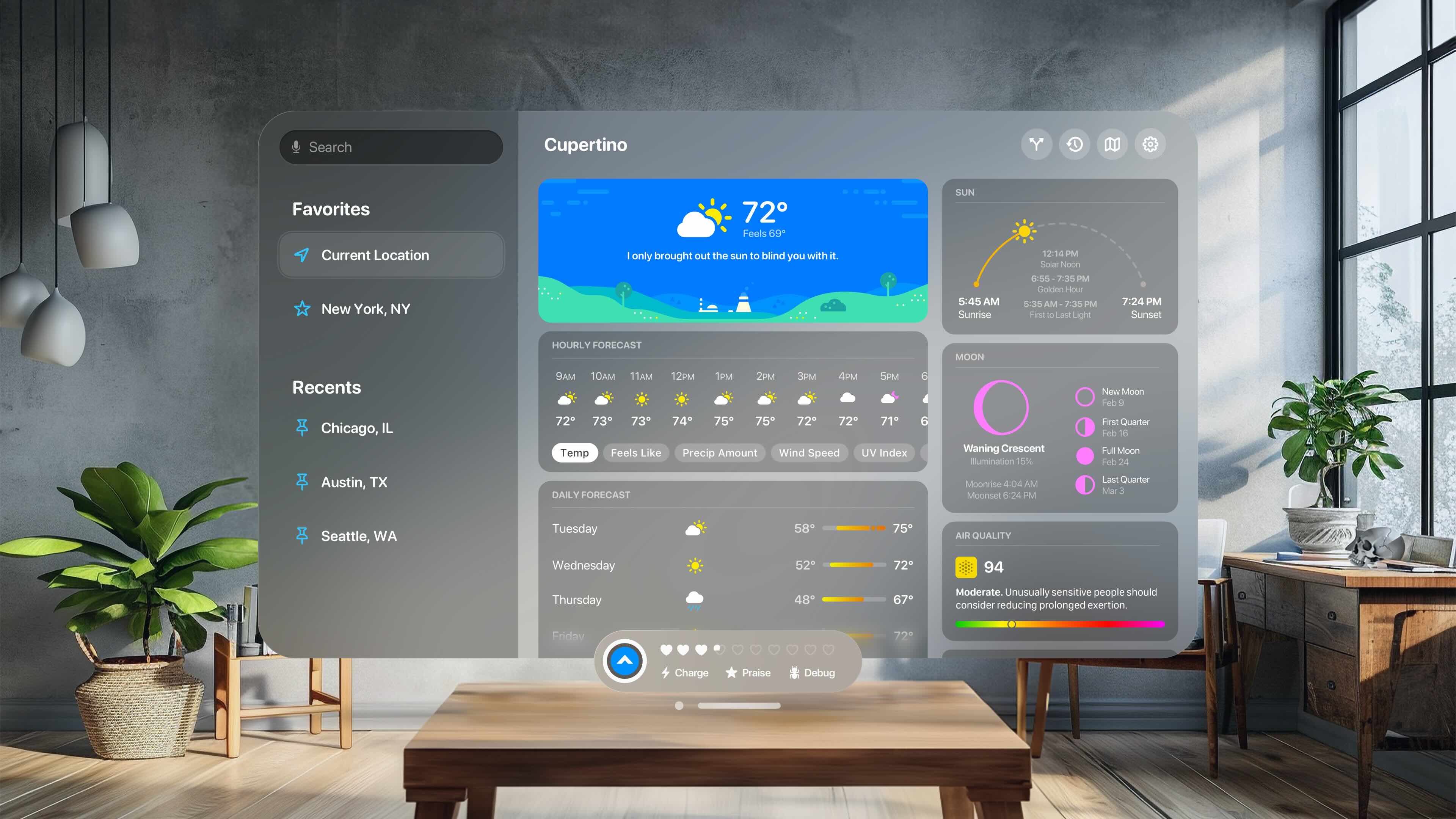 Главный экран Carrot Weather Vision Pro