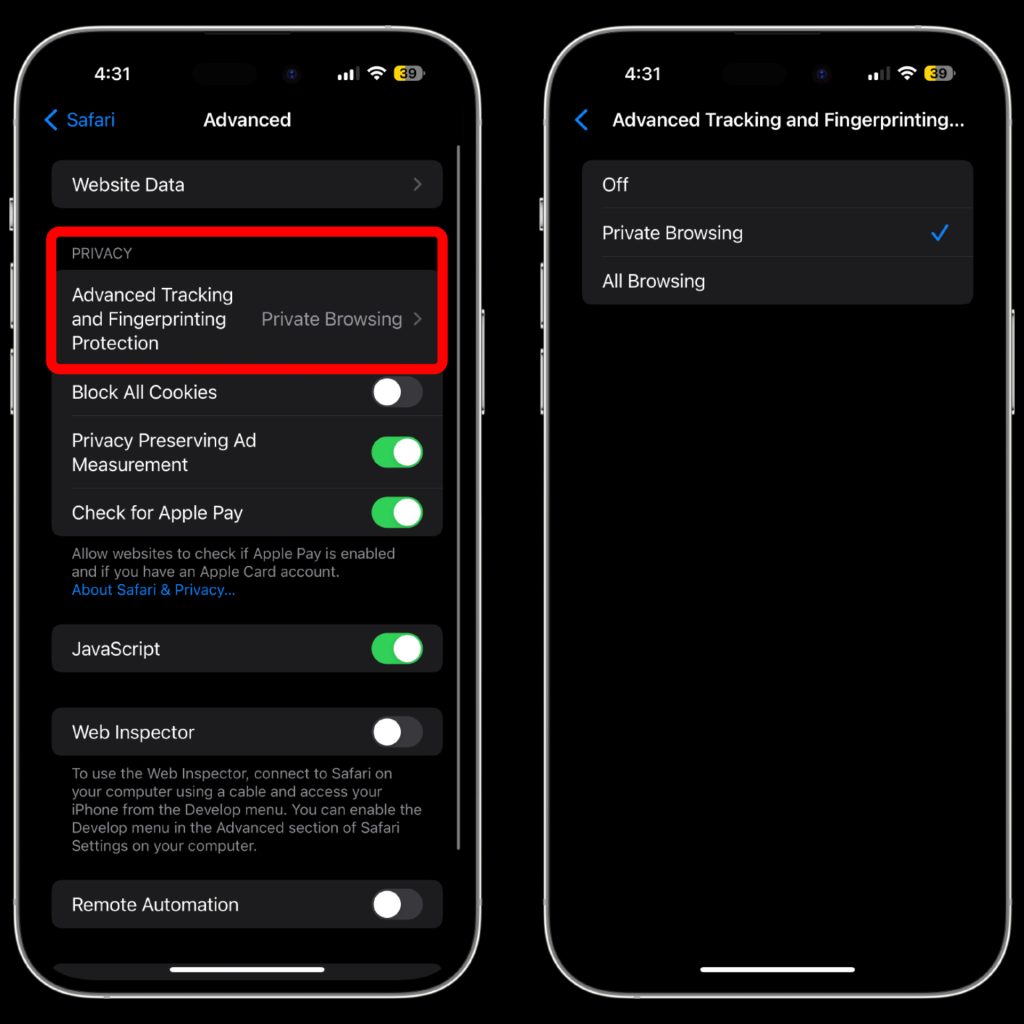 Функция конфиденциальности и безопасности iOS 17, которая удаляет трекеры из URL-адресов в Safari на iPhone 15.