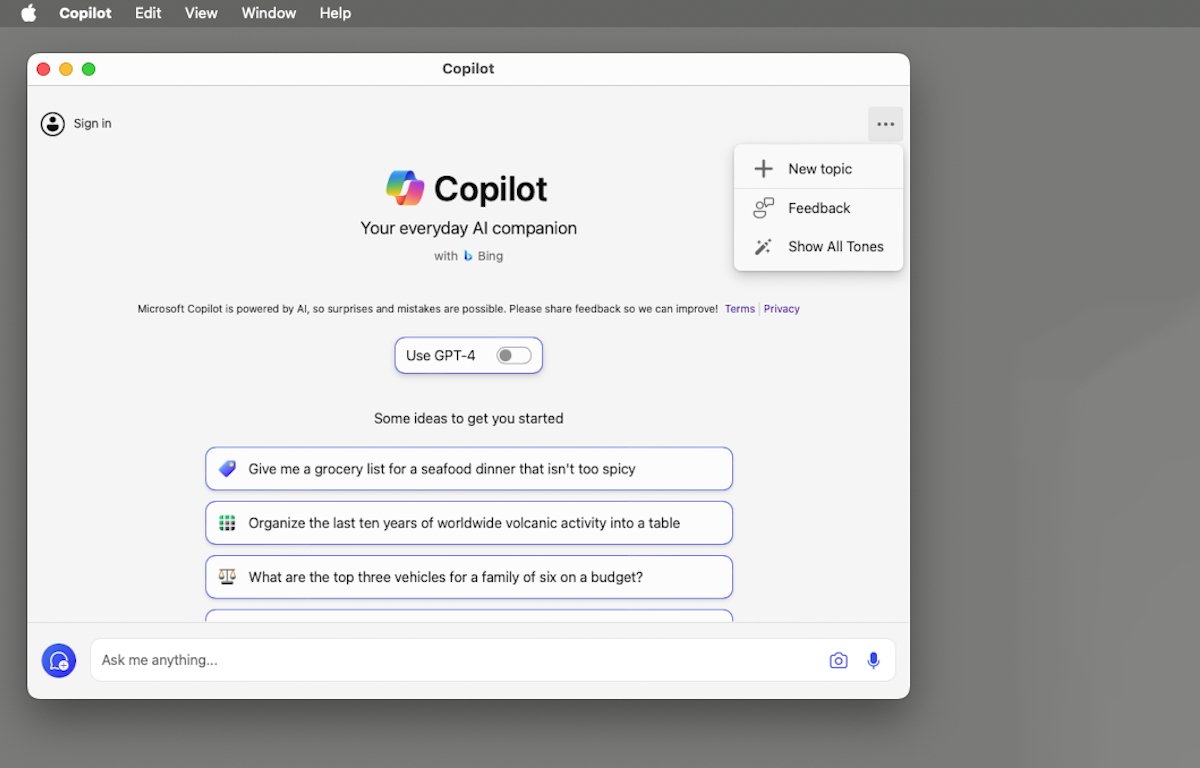 Основной интерфейс Copilot в macOS.