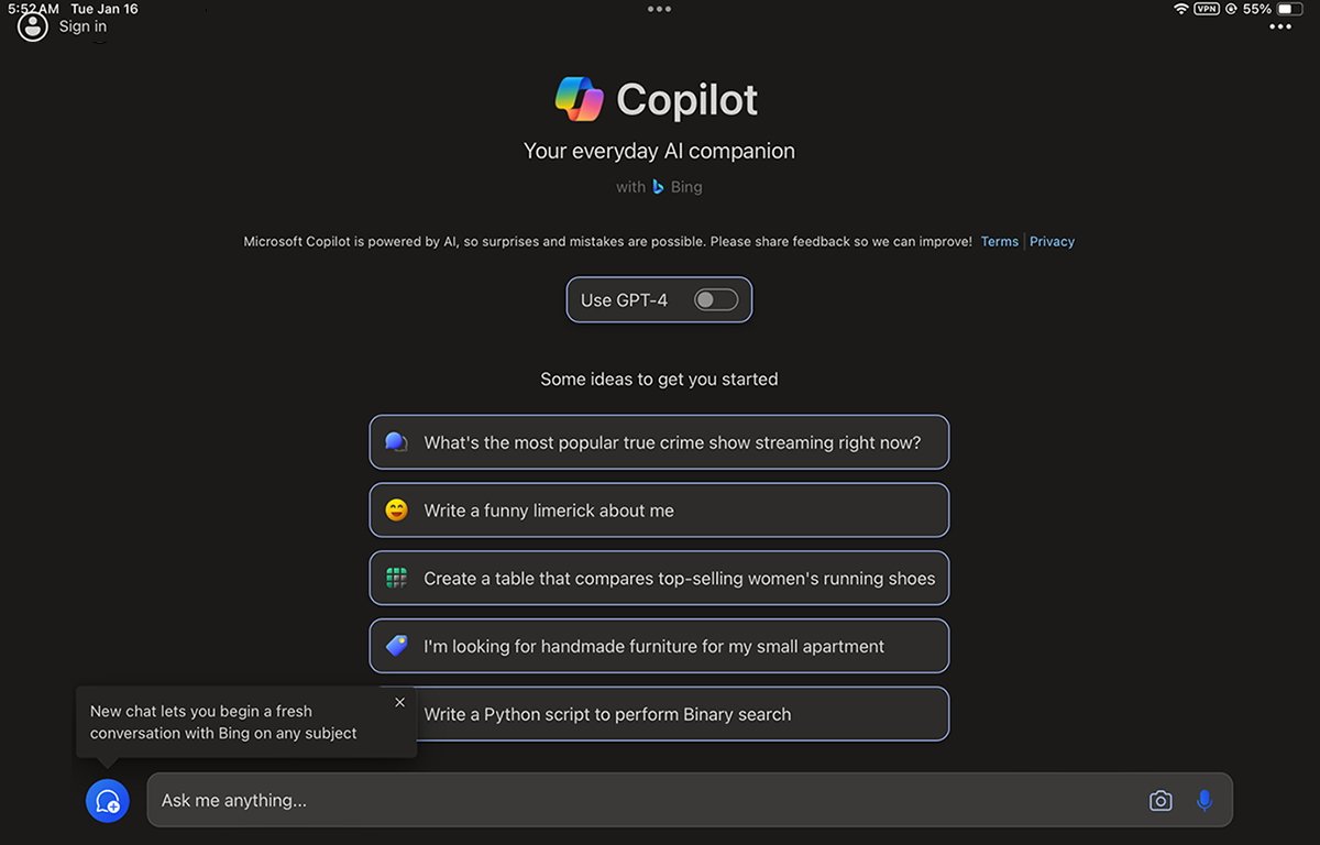 Главное окно Microsoft Copilot.