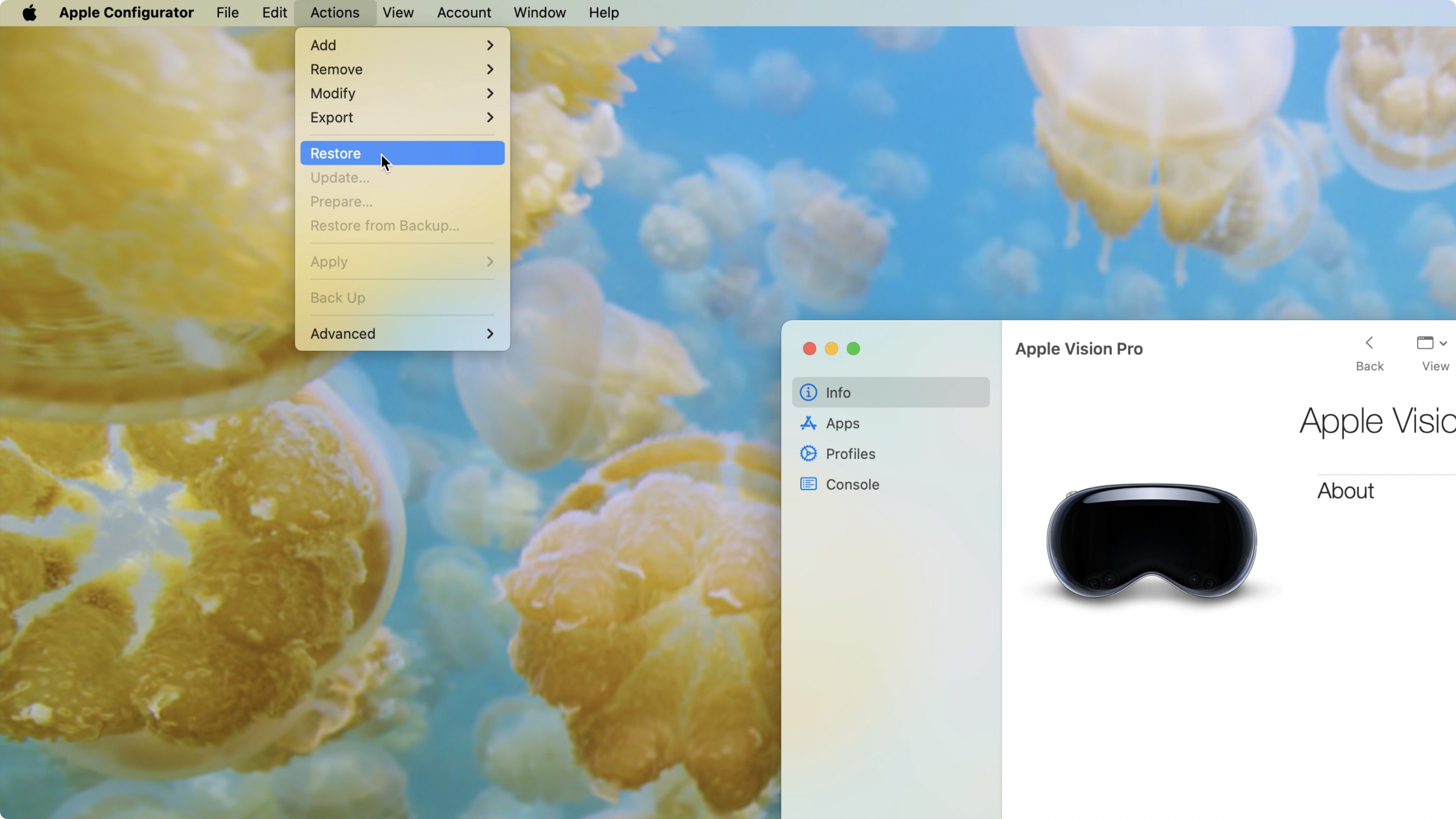 Возможность восстановления VisionOS с помощью Apple Configurator с Apple Vision Pro.
