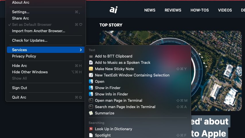 Меню «Сервисы», доступное из строки меню в Arc Browser.