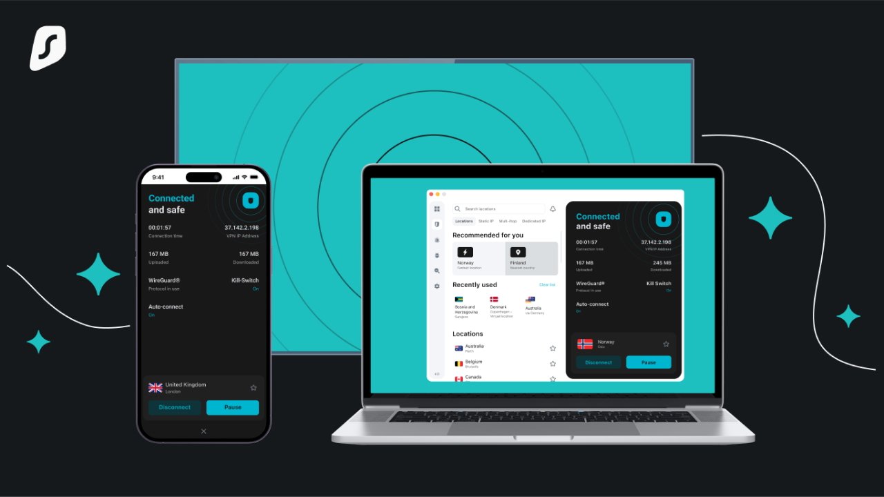 Ноутбук и смартфон с интерфейсами службы VPN на стилизованном бирюзовом и черном фоне.