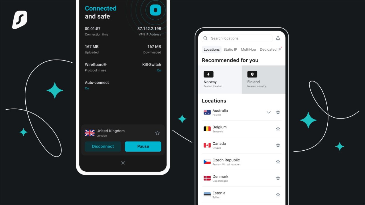 Скриншоты интерфейса VPN-сервиса, показывающие статус подключения с подробной информацией и меню выбора сервера на дисплее смартфона.