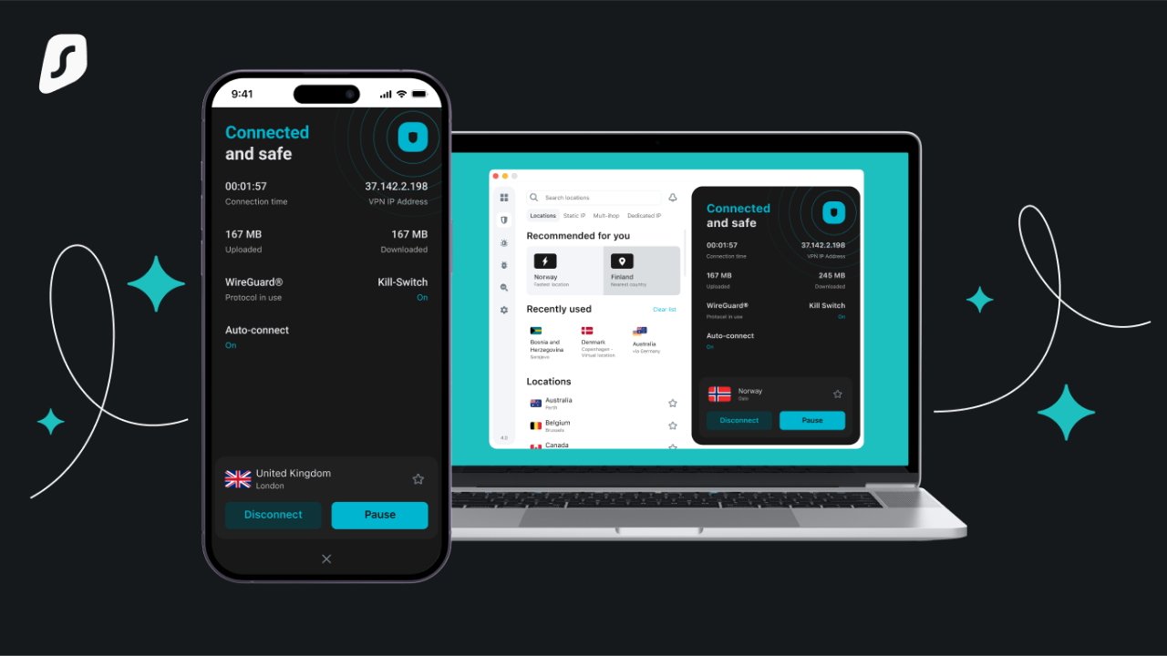 Смартфон и ноутбук, отображающие статусы VPN-подключения на стилизованном абстрактном фоне.