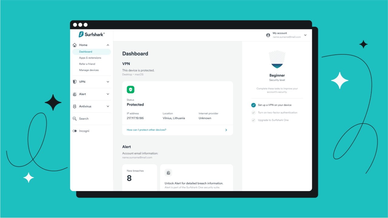 Иллюстрация интерфейса Surfshark VPN на рабочем столе с индикаторами состояния и параметрами учетной записи.
