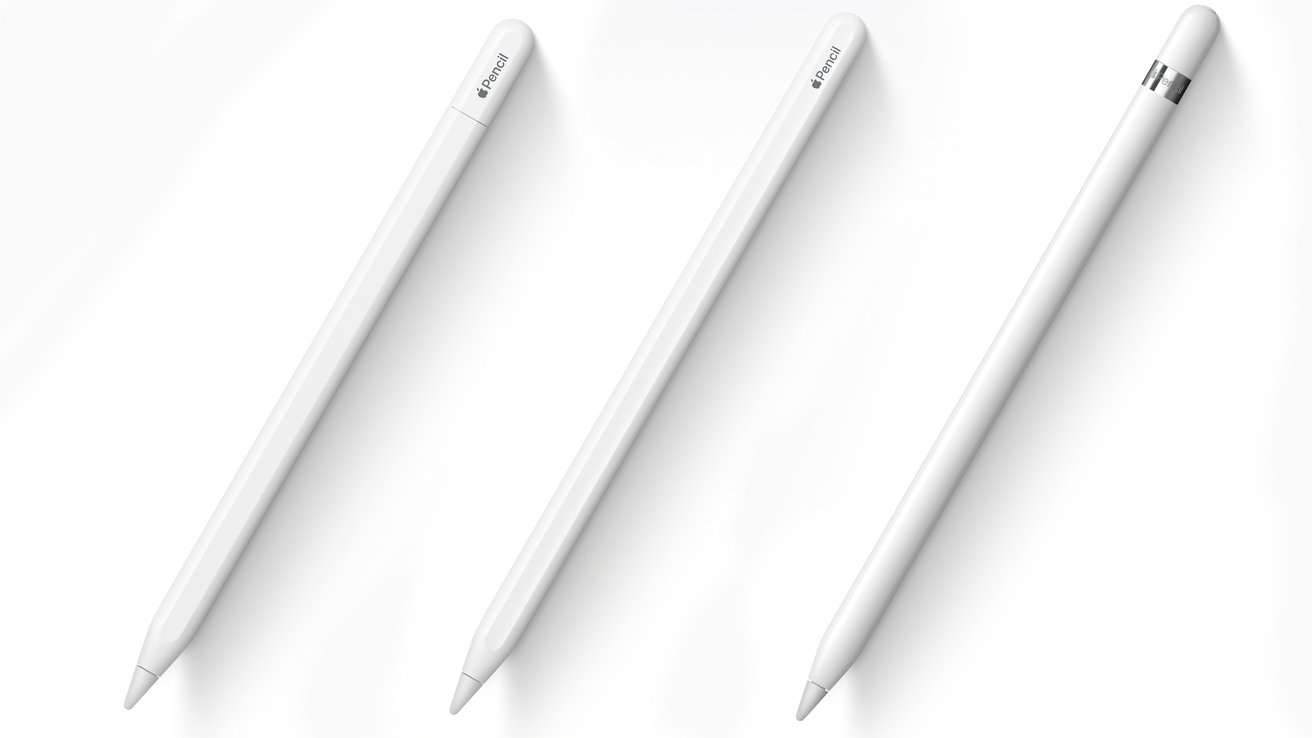 Apple Pencil, Apple Pencil 2 и Apple Pencil с USB-C на белом фоне