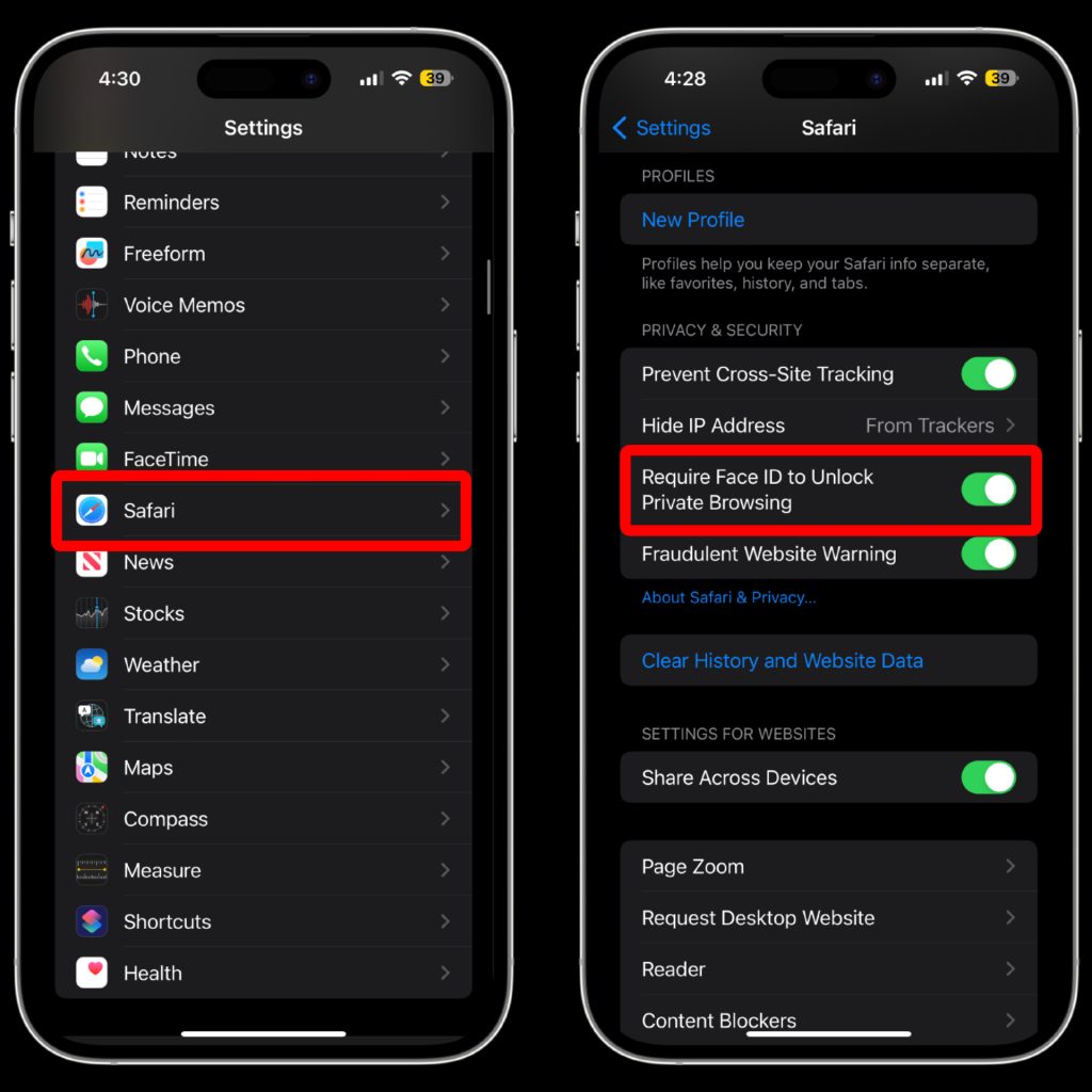 Функция безопасности iOS 17, требующая Face ID для разблокировки приватного просмотра на iPhone 15