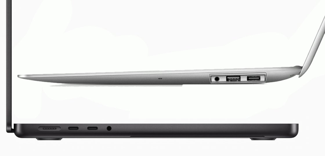 Вверху: оригинальный MacBook AIr в профиль. Внизу: новый MacBook Air M3 в профиль.