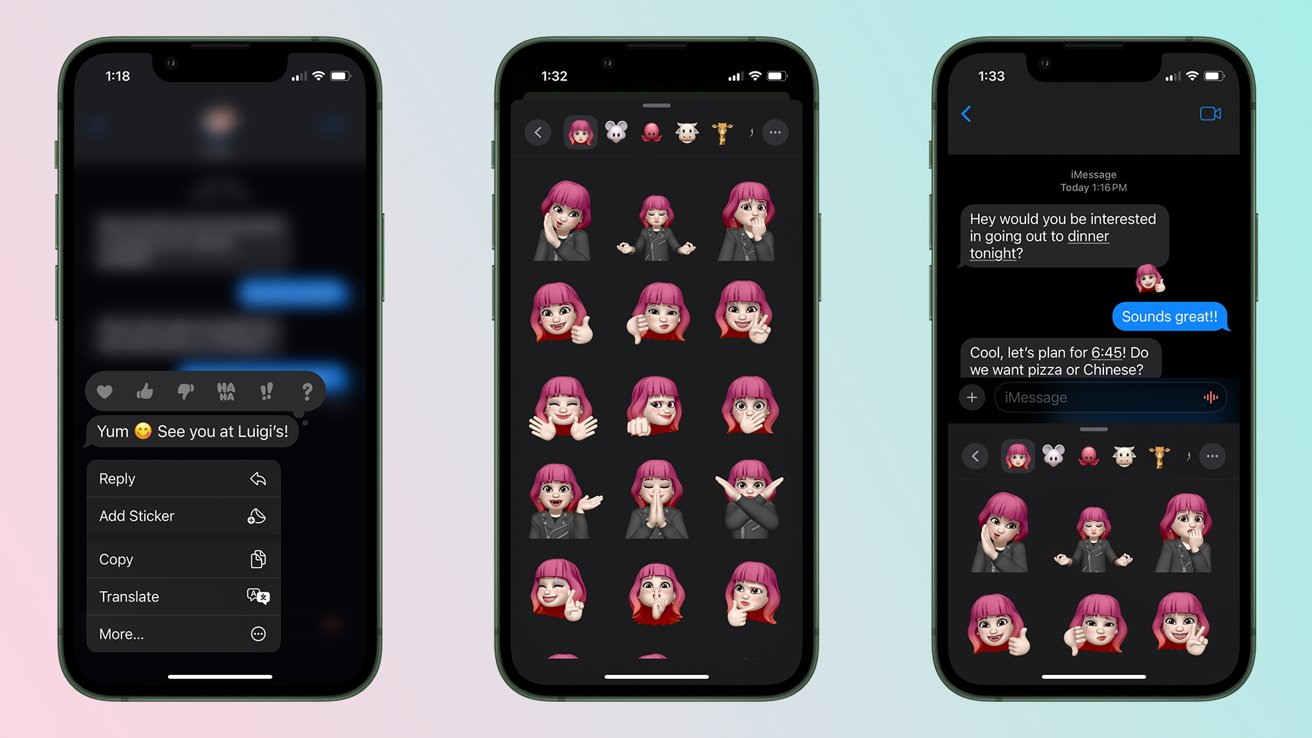 Добавление стикеров как реакция на отдельные сообщения в iOS 17