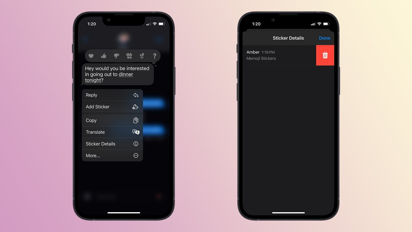 Удаление стикера из сообщения в iOS 17