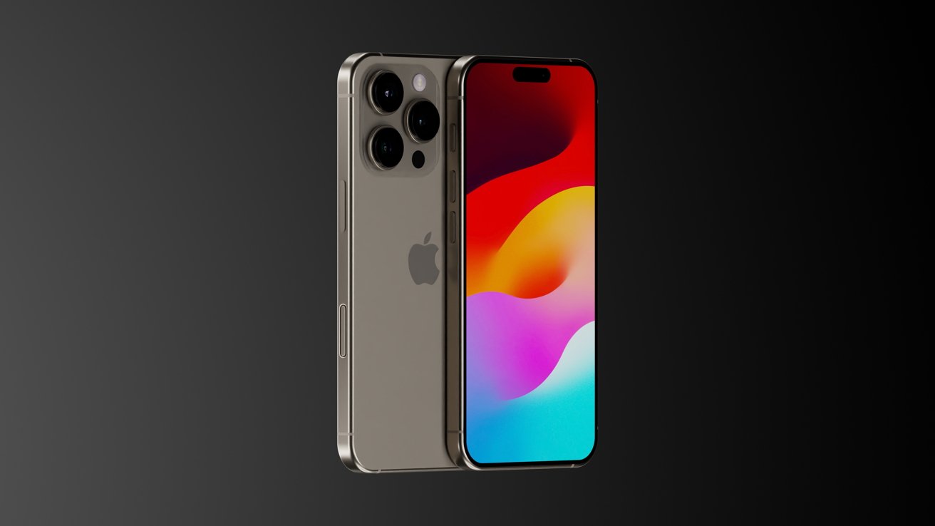Два рендеринга iPhone 16 Pro лежат друг на друге: один обращен вниз с коричневым цветом, другой вверх с красными обоями.