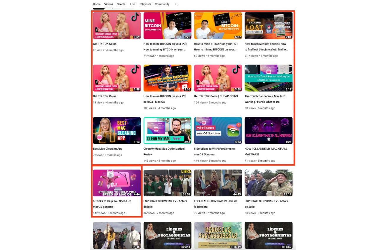 Сетка из различных миниатюр видео на потоковой платформе, демонстрирующая различные темы, такие как учебные пособия по криптовалюте, советы по работе с компьютером и контент на испанском языке.