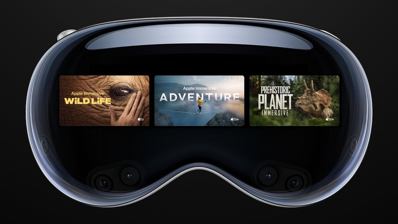Вид спереди на стекло Apple Vision Pro.  Внутри показаны значки трех эффектов погружения.