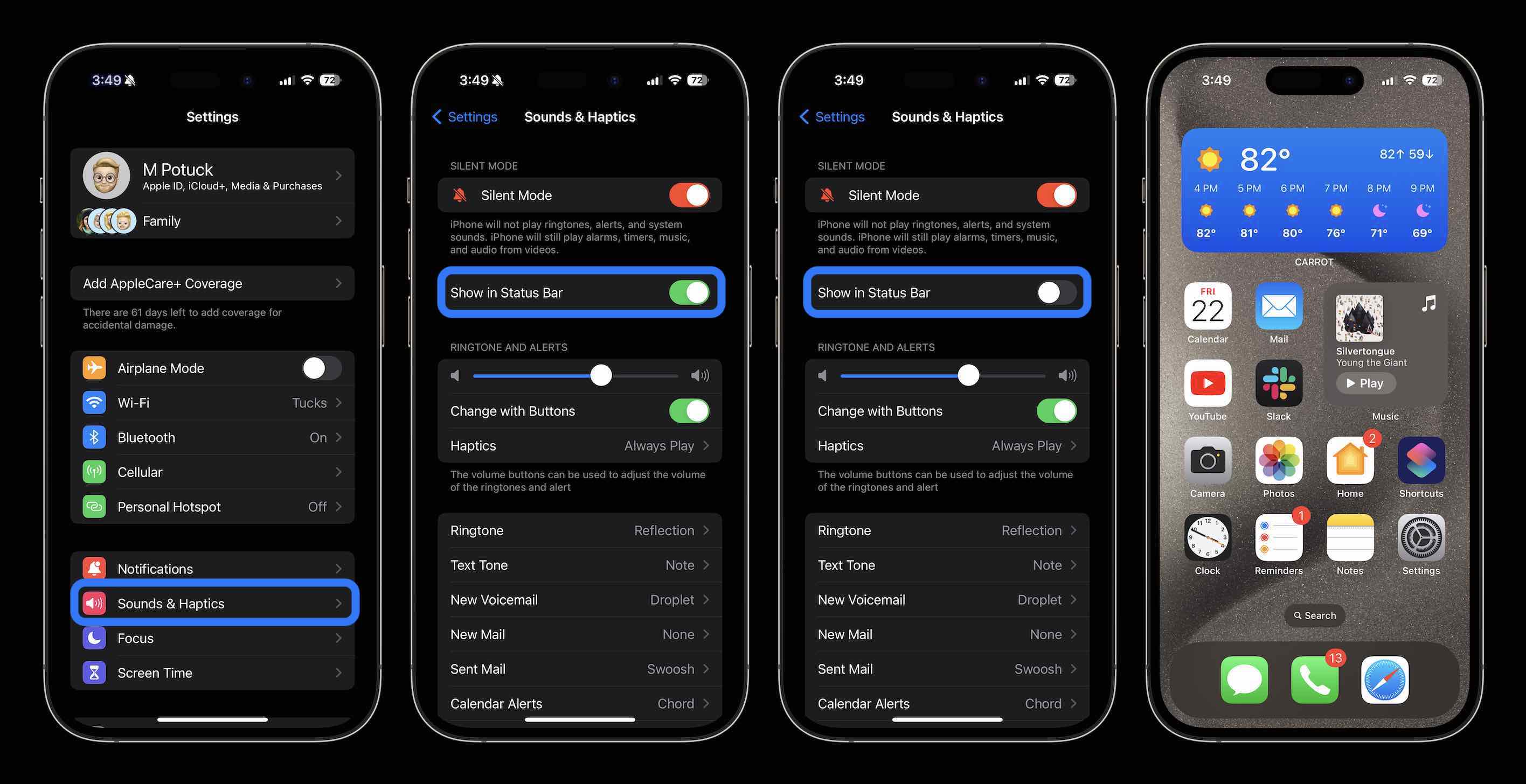 Скрыть значок тихого звонка на iPhone 15 Pro 1