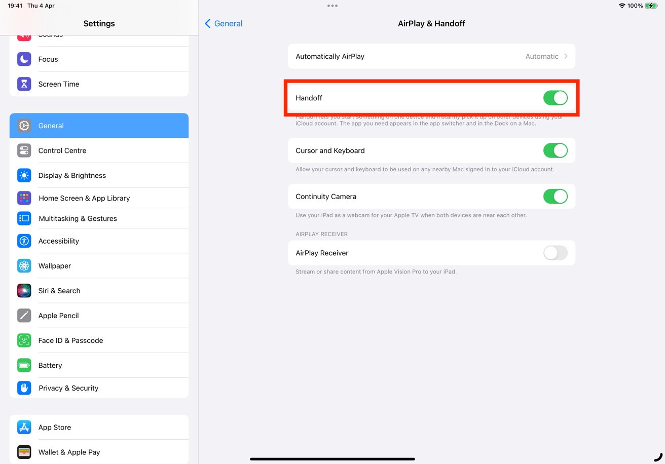 Проверка включения Handoff на iPad