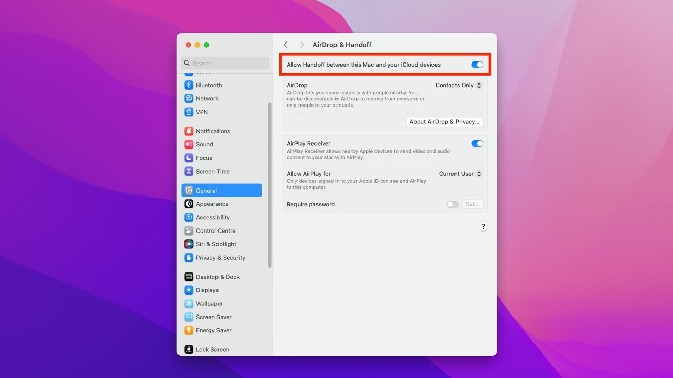 Проверка включения Handoff в macOS