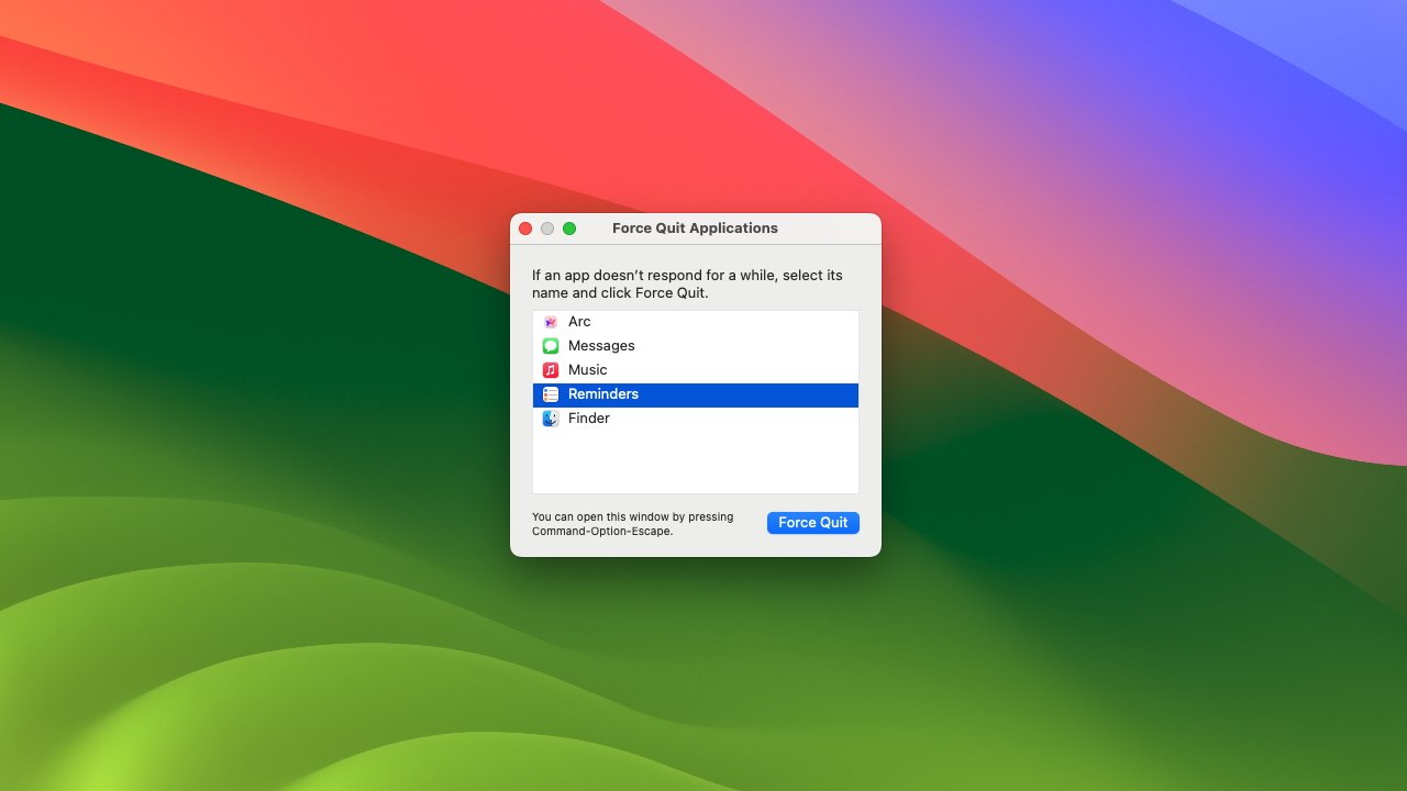 Меню принудительного выхода откроется на фоне macOS Sonoma.