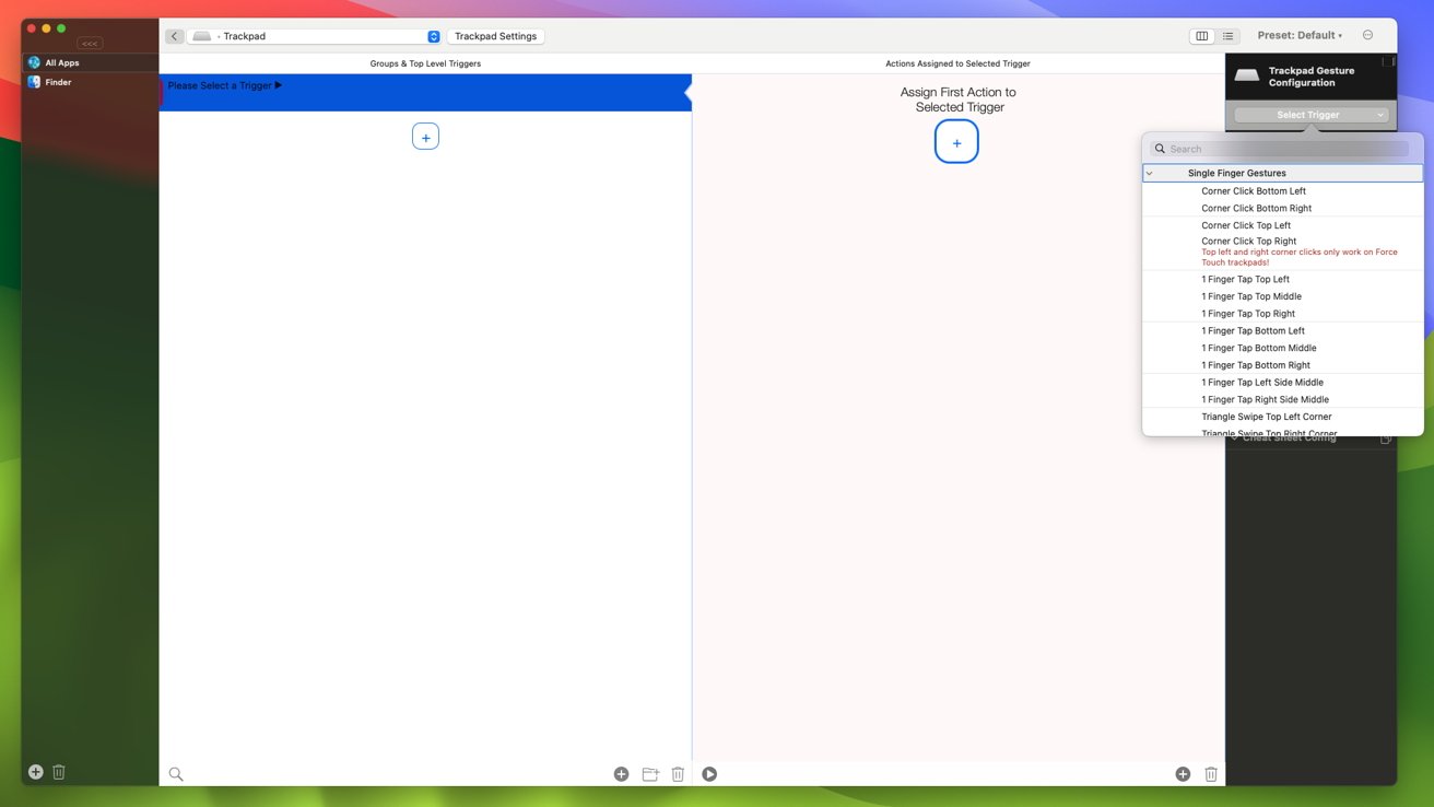 Новое меню жестов открыто в BetterTouchTool