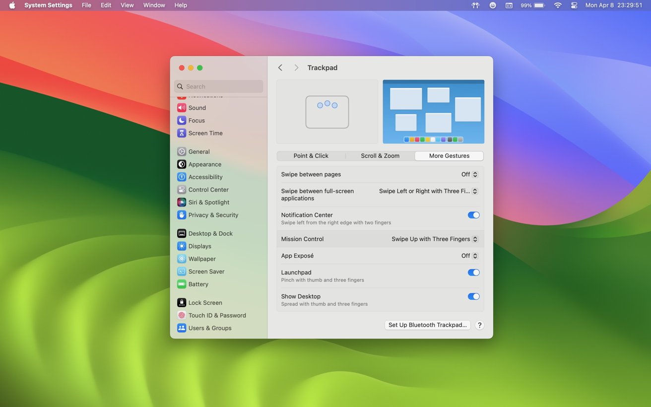 Меню настроек трекпада открывается на macOS Sonoma