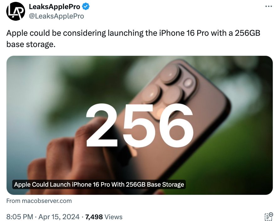 Пост LeaksApplePro X о емкости памяти iPhone 16 Pro