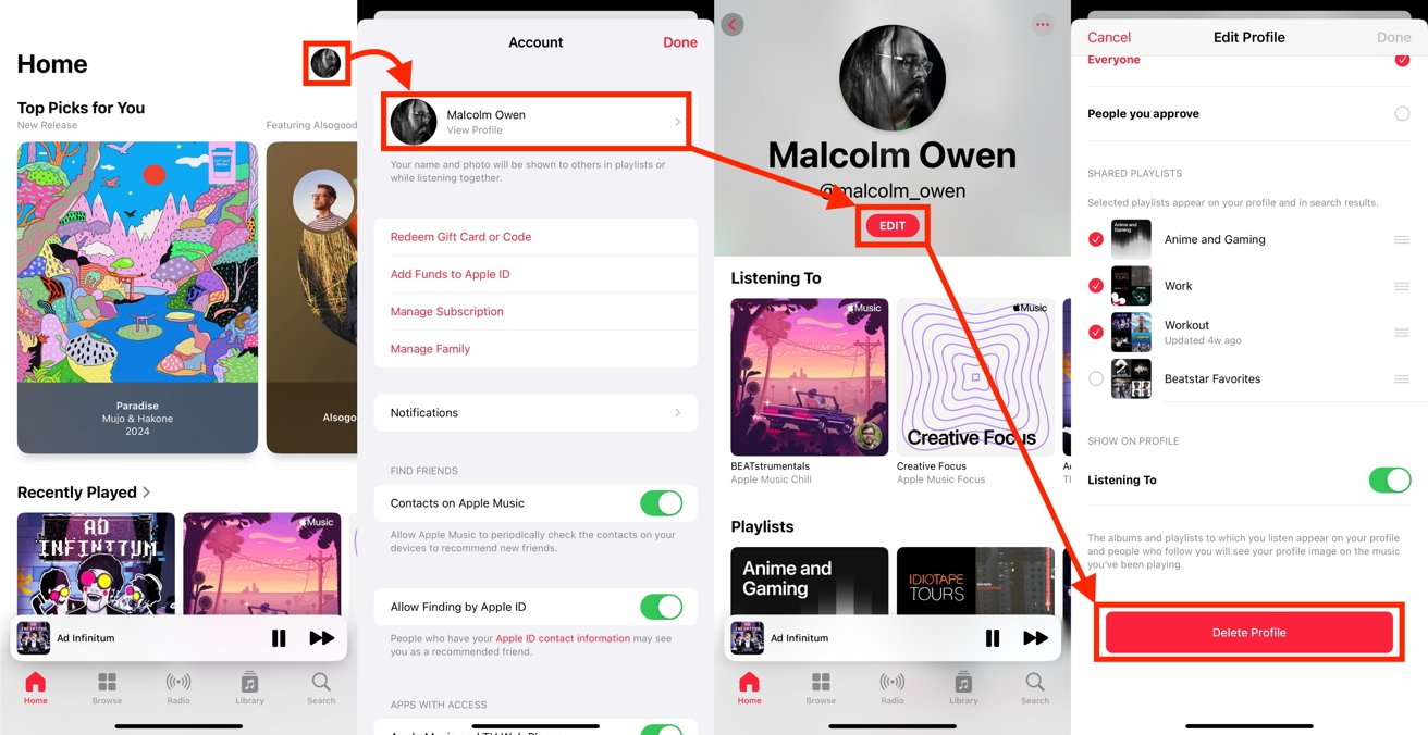 Удаление профиля Apple Music