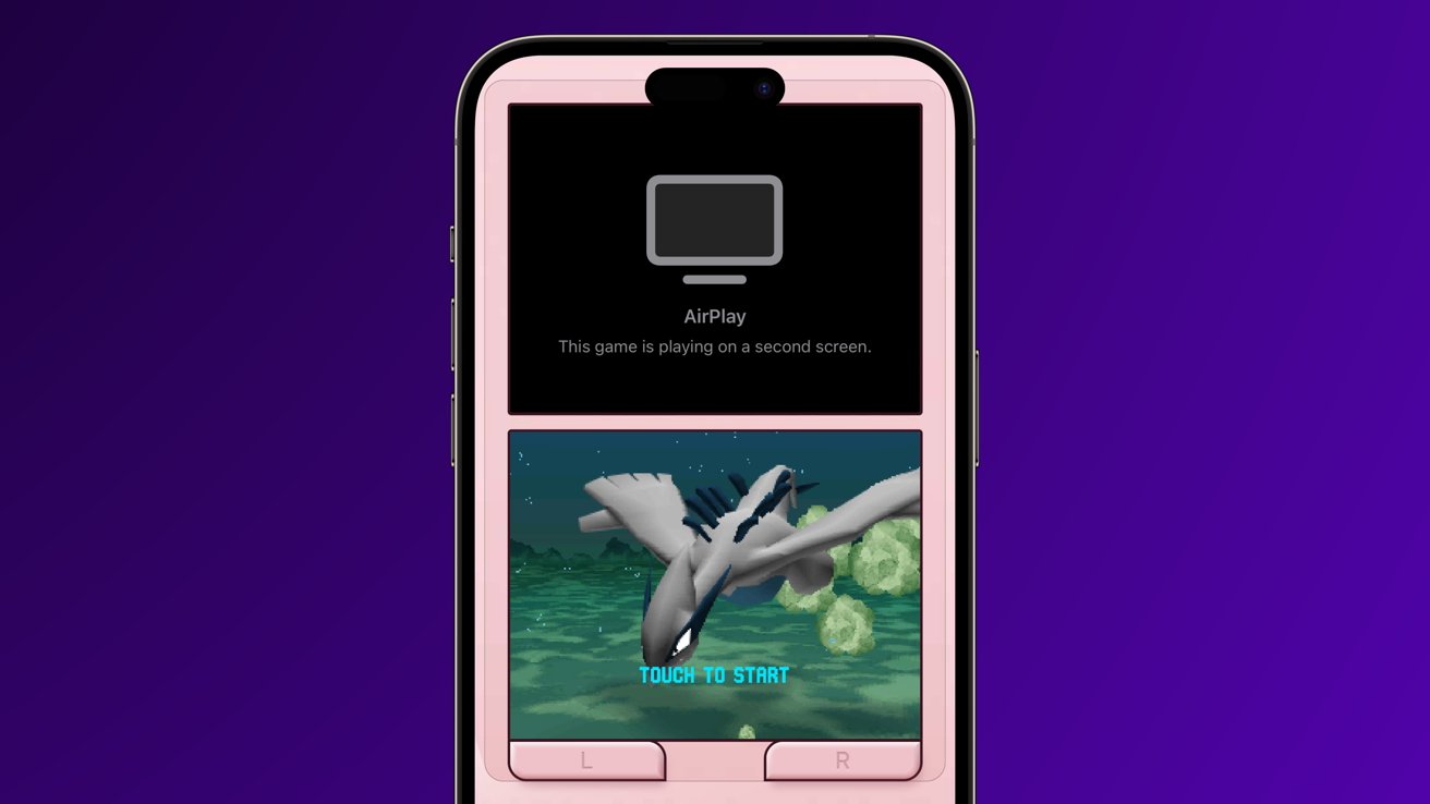 Розовый макет Nintendo DS с символом AirPlay вверху и покемоном внизу.