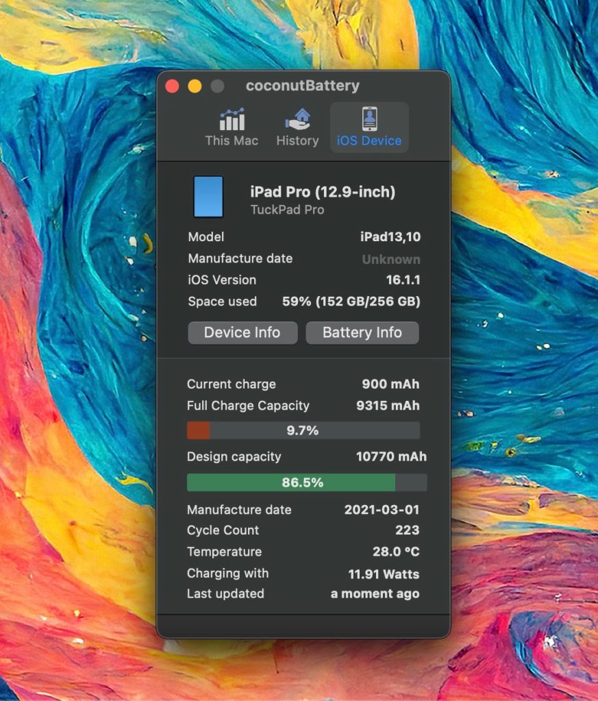 посмотреть состояние батареи iPad 2