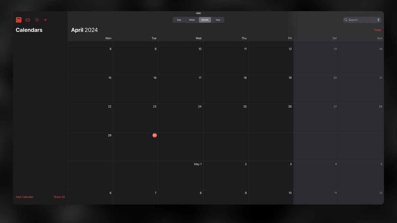 Скриншот текущего приложения «Календарь» на iPadOS.