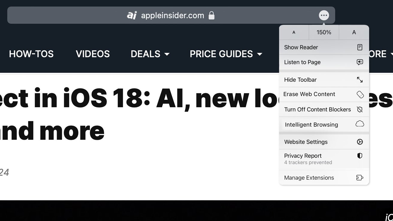 Изображение, показывающее окно Safari, открытое на веб-сайте AppleInsider.  В открытом меню отображаются параметры, включая интеллектуальный просмотр.