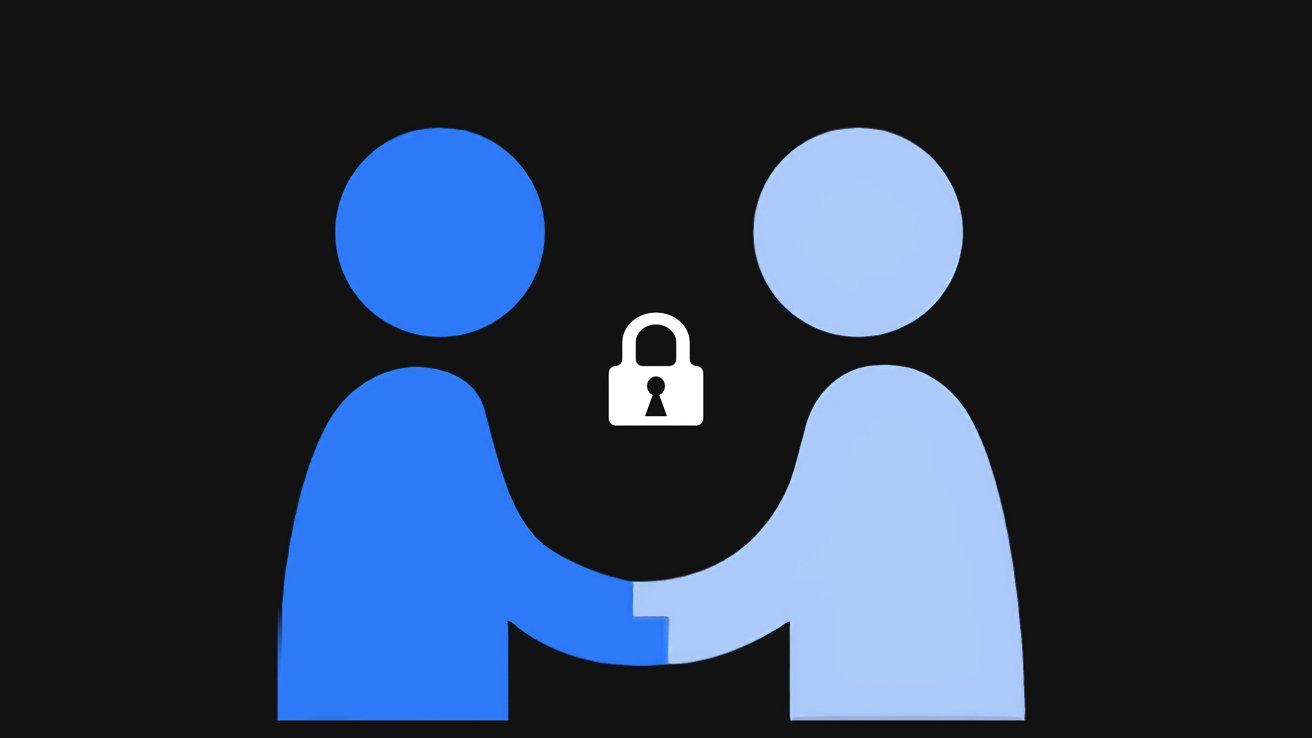 Значок конфиденциальности Apple в виде двух фигур, пожимающих друг другу руки под замком