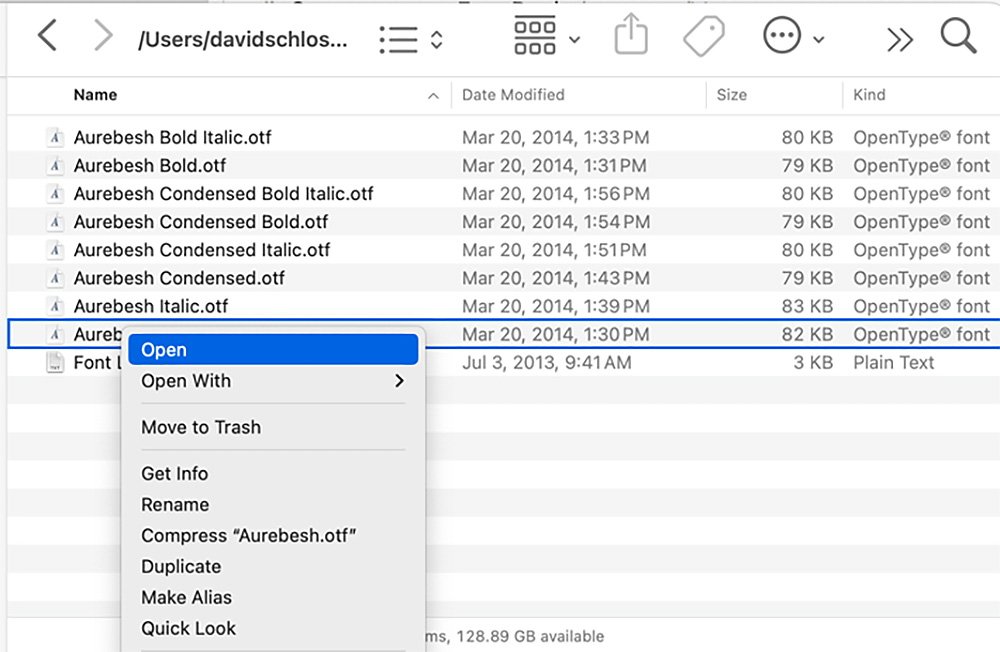 Откройте шрифт, выбрав его в Finder и нажав Command+O.