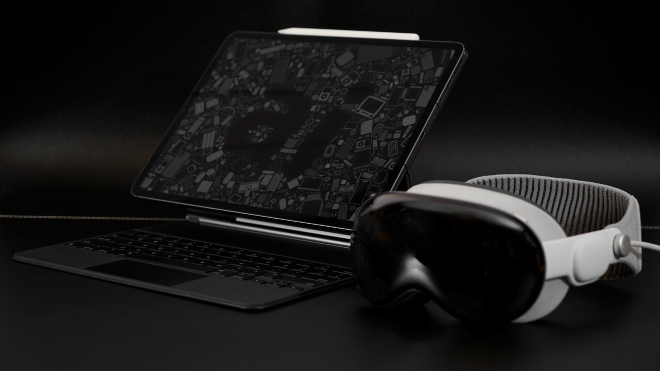 iPad Pro с волшебной клавиатурой: обои с продуктами Apple рядом с Apple Vision Pro на столе