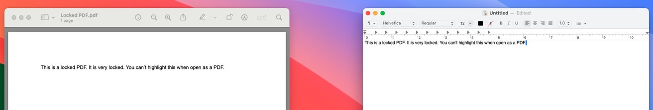 Заблокированный PDF-файл с текстом, вставленным в окно TextEdit. Оба окна находятся поверх фона macOS Sonoma.