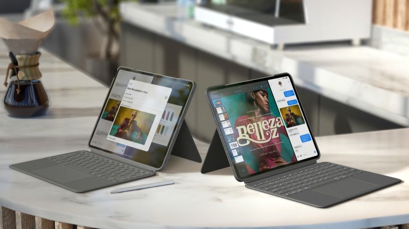 Кухонная стойка с кофейником и два iPad в чехлах с клавиатурой.