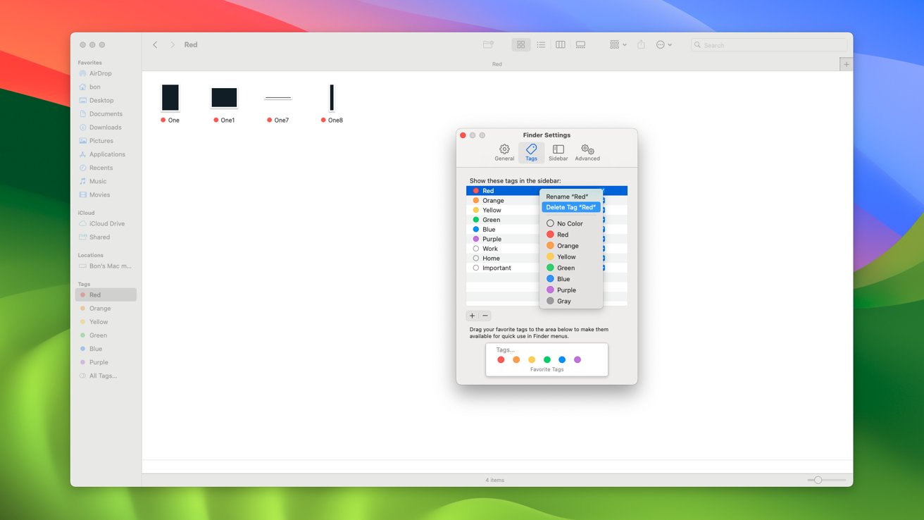 Окно Finder и окно настроек Finder открываются на фоне macOS Sonoma.