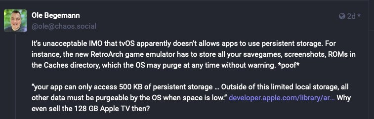 Сообщение в социальной сети, критикующее tvOS за запрет постоянного хранения приложений, что особенно влияет на сохранения и данные игрового эмулятора RetroArch.