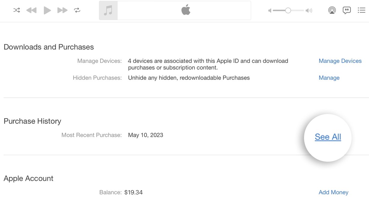 Окно в macOS, показывающее историю покупок пользователя и другие параметры.