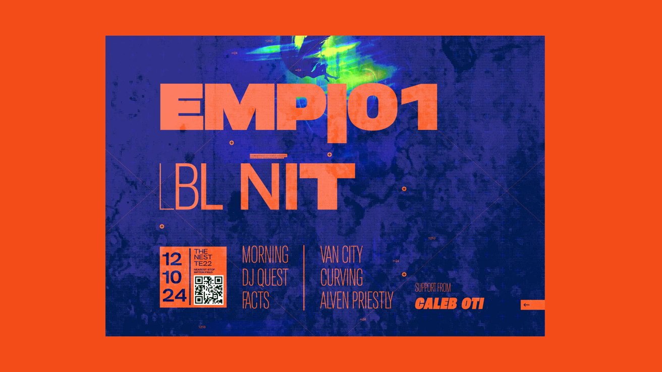 Плакат мероприятия синего и оранжевого цветов, текст включает EMP101, LBL NIT, 24 октября, DJ Quest, Van City, Caleb Oti, QR-код и дополнительную информацию.