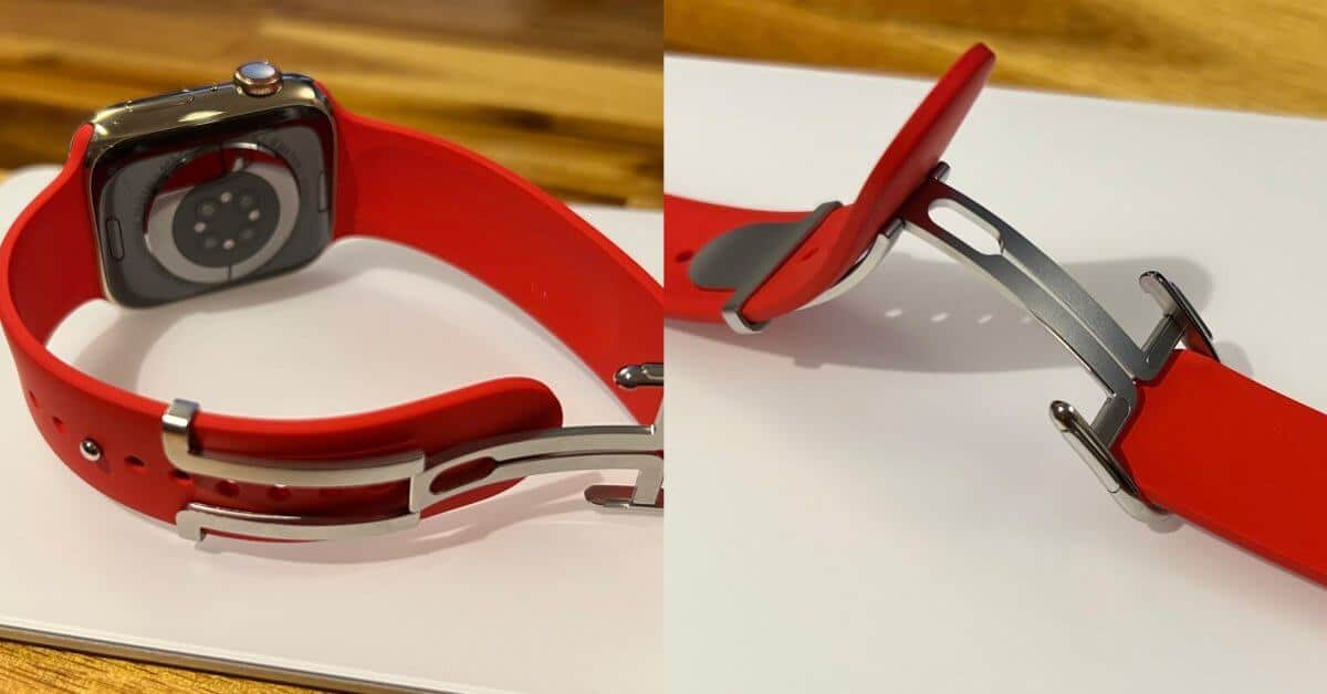 Этот неизданный силиконовый ремешок для Apple Watch оснащен металлической пряжкой.