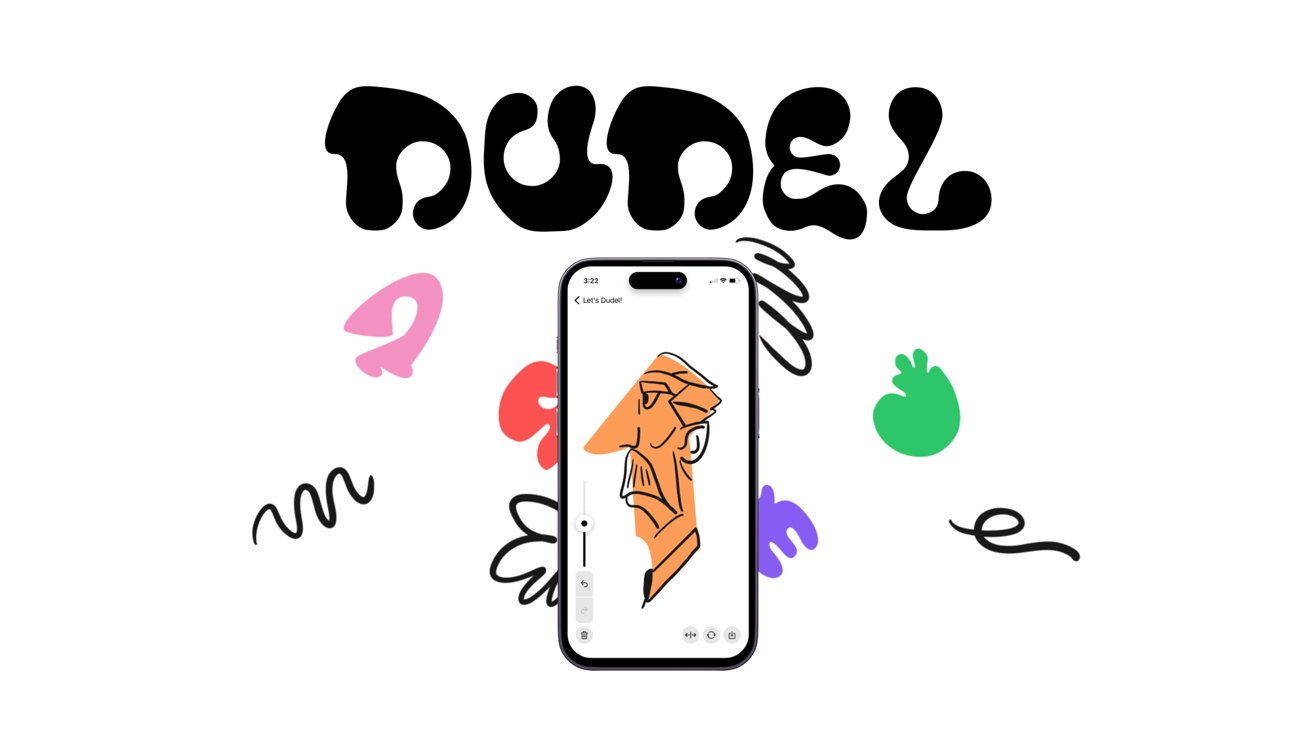 Смартфон с изображением мужского лица на экране, жирным текстом «Doodle» выше, окруженным яркими абстрактными фигурами на белом фоне.