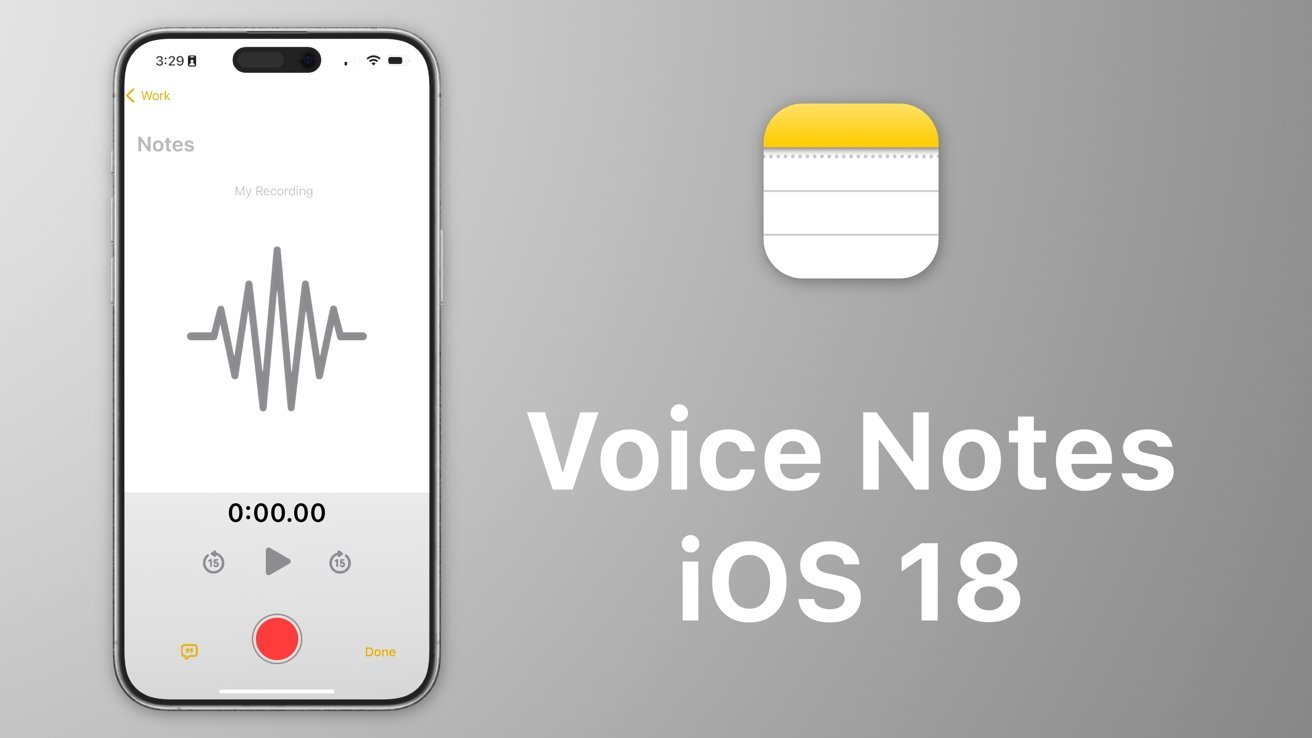 Экран iPhone с функцией записи голосовых заметок и текстом «Голосовые заметки iOS 18» на сером фоне.