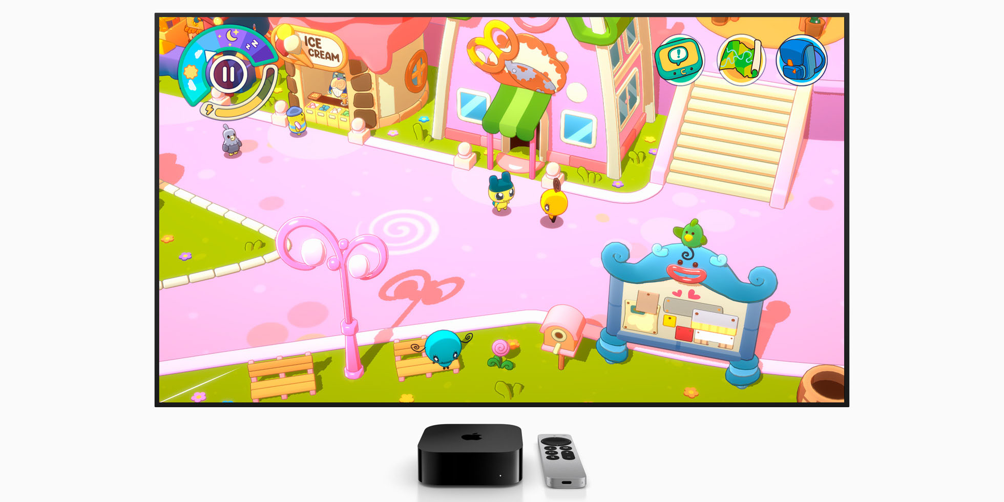 Apple Arcade подверглась критике |  Игра «Королевство приключений Тамагочи» на большом экране телевизора